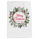 赤い陽気なクリスマスの水の色の休日の緑 ミディアムペーパーバッグ (正面)