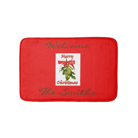 赤い陽気なクリスマス·ヤドリギ バスマット (正面)
