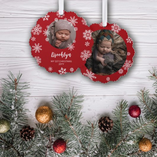 赤い雪かわいらし片ベビーの第1クリスマス オーナメントカード