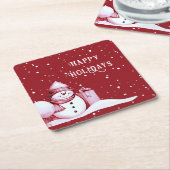 赤い雪だるまのクリスマスホリデーシーズンの紙コースター スクエアペーパーコースター (アングル)