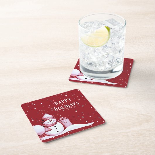 赤い雪だるまのクリスマスホリデー紙コースター スクエアペーパーコースター (インサイチュ)