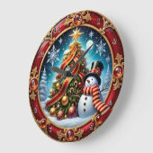 赤い雪だるまのクリスマスリボン ラージ壁時計 (傾斜)