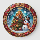 赤い雪だるまのクリスマスリボン ラージ壁時計 (正面)