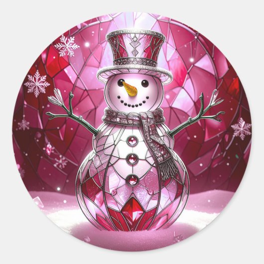 赤い雪だるまの雪の結晶 ホリデーステッカー ラウンドシール (正面)