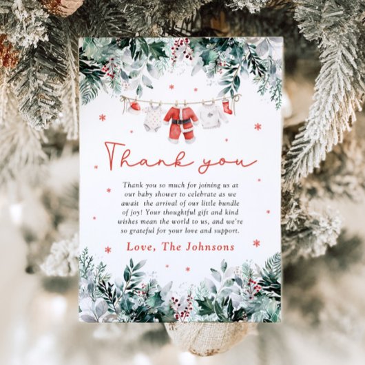 赤い雪の冬クリスマス赤ちゃん衣赤ちゃんシャワー サンキューカード