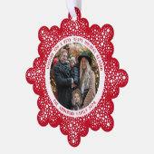 赤い雪の吹雪ドット雪の写真の休日 オーナメントカード (左)