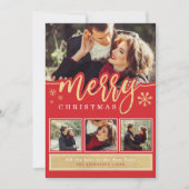 赤い雪の結晶とゴールドのクリスマス フォト コラージュ シーズンカード (正面)