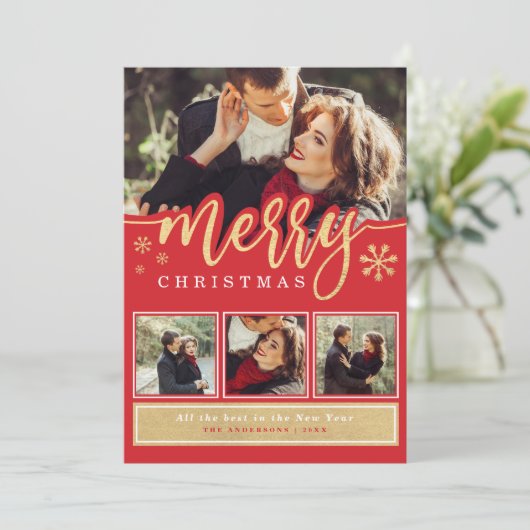 赤い雪の結晶とゴールドのクリスマス フォト コラージュ シーズンカード (スタンド正面)