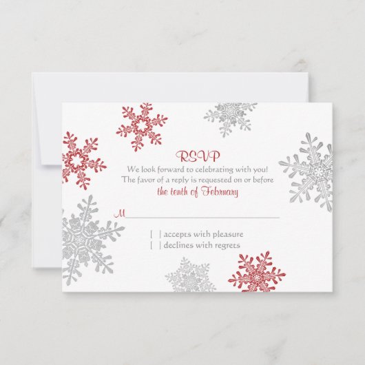 赤い雪の結晶とシルバーの冬の結婚式の出欠確認 出欠カード (正面)