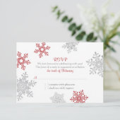 赤い雪の結晶とシルバーの冬の結婚式の出欠確認 出欠カード (スタンド正面)