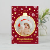 赤い雪の結晶と金の星のメリクリ写真カード 箔シーズンカード (立ち正面)