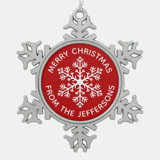 赤い雪の結晶のクリスマスオーナメント スノーフレークピューターオーナメント (正面)