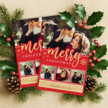 赤い雪の結晶のゴールド メリークリスマス フォト コラージュ