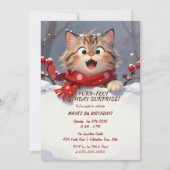 赤い雪の結晶の冬の子猫の女の子の誕生日 招待状 (正面)
