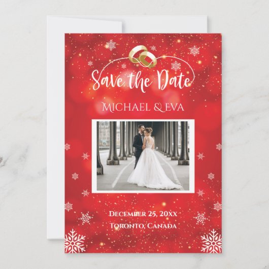赤い雪の結晶の冬の結婚式 Save The Date 招待状 (正面)