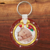 赤い雪の結晶の赤ちゃんの初めてのクリスマス 両面 キーホルダー (正面)