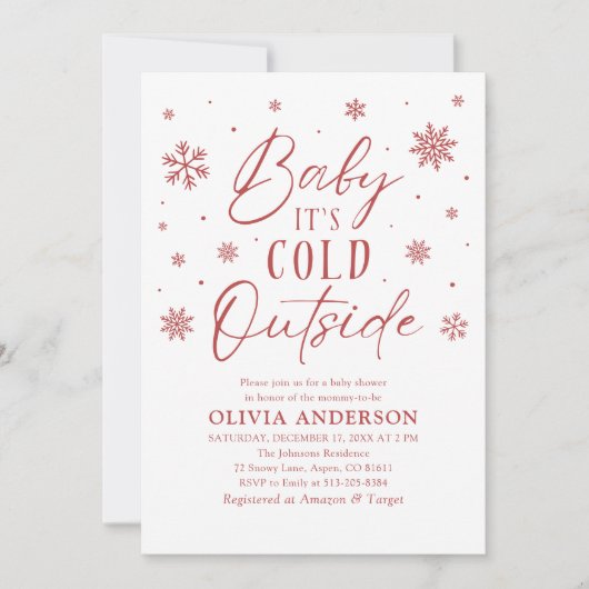 赤い雪の結晶ベビーベビーシャワー外は寒い 招待状 (正面)