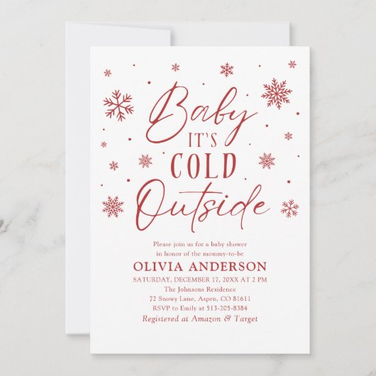 赤い雪の結晶ベビーベビーシャワー外は寒い 招待状 (正面)