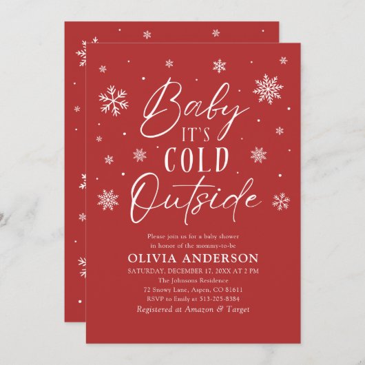赤い雪の結晶ベビーベビーシャワー外は寒い 招待状 (正面/裏面)