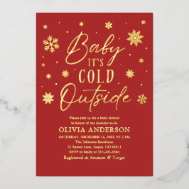 赤い雪の結晶ベビーベビーシャワー外は寒い 箔招待状