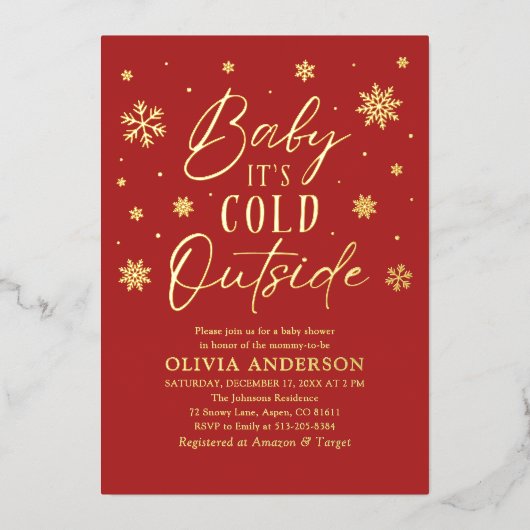 赤い雪の結晶ベビーベビーシャワー外は寒い 箔招待状 (正面)