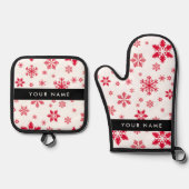 赤い雪の結晶、お名前、パーソナライズ 鍋つかみ&鍋敷きセット (正面)