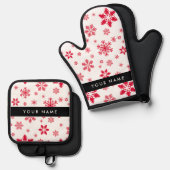 赤い雪の結晶、お名前、パーソナライズ 鍋つかみ&鍋敷きセット (正面/裏面)