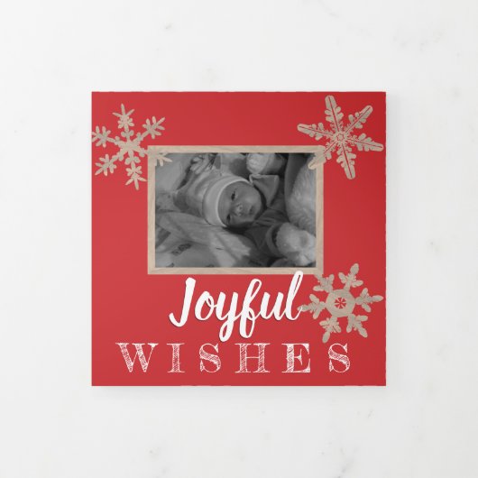 赤い雪モダン片素朴フェスティバル3写真 三つ折りクリスマスカード (カバー)