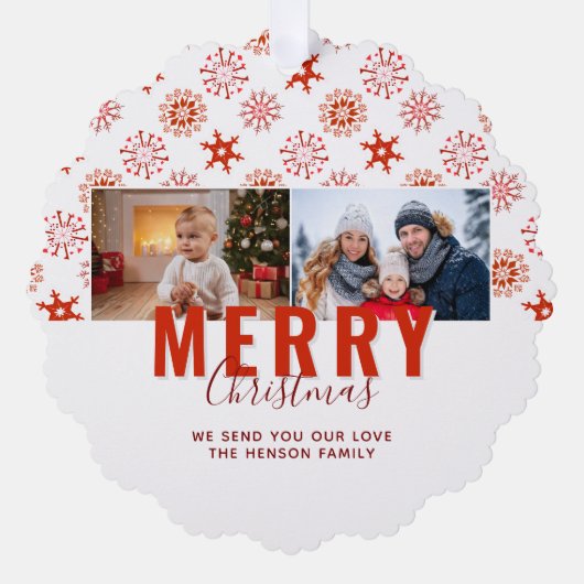 赤い雪片メリークリスマスファミリー2枚の写真 オーナメントカード (正面)