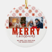 赤い雪片メリークリスマスファミリー2枚の写真 セラミックオーナメント (正面)