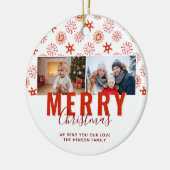 赤い雪片メリークリスマスファミリー2枚の写真 セラミックオーナメント (左)