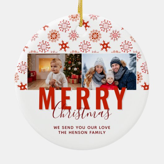 赤い雪片メリークリスマスファミリー2枚の写真 セラミックオーナメント (裏面)