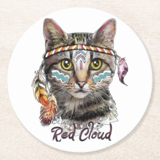 赤い雲のかわいい猫 ラウンドペーパーコースター (正面)