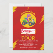 赤い雷 かわいい恐竜トラック 学校 誕生日 招待状 (正面)