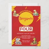 赤い雷 かわいい恐竜 トラクター 学校 誕生日 招待状 (正面)