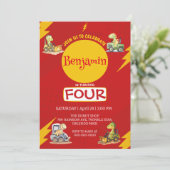 赤い雷 かわいい恐竜 トラクター 学校 誕生日 招待状 (スタンド正面)