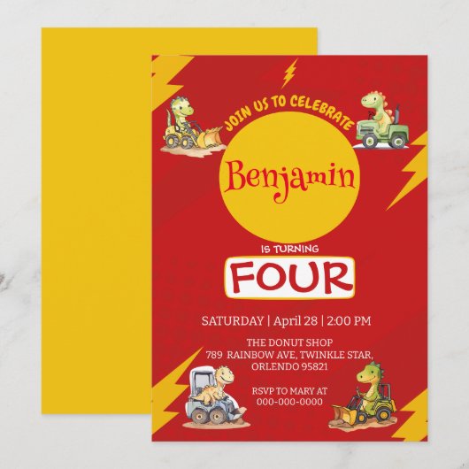 赤い雷 かわいい恐竜 トラクター 学校 誕生日 招待状 (正面/裏面)