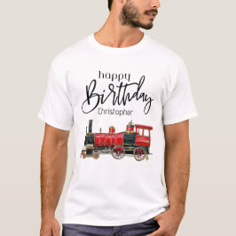 赤い電車のハッピーバースデー "名前" Tシャツ