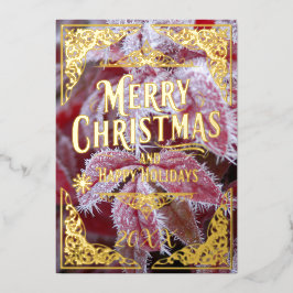 赤い霜の降りたプラントメリークリスマスハッピーホリデー 箔シーズンカード