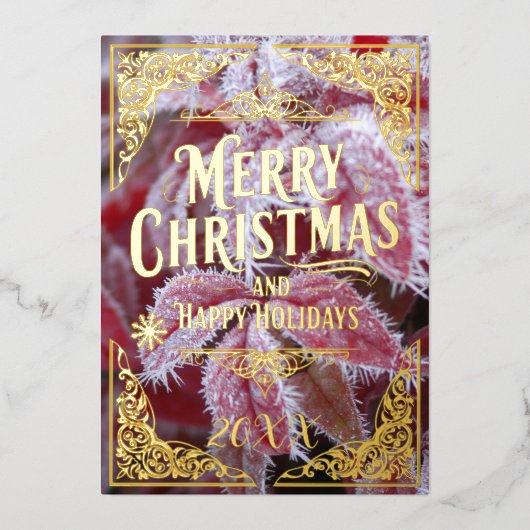 赤い霜の降りたプラントメリークリスマスハッピーホリデー 箔シーズンカード (正面)