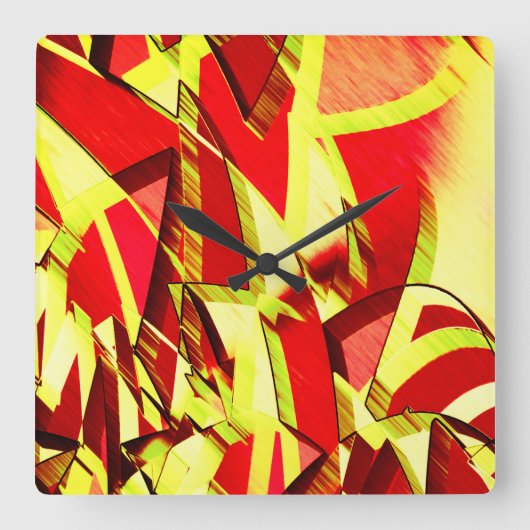 赤い霧雨の画像に黄色の縞がある スクエア壁時計 (正面)