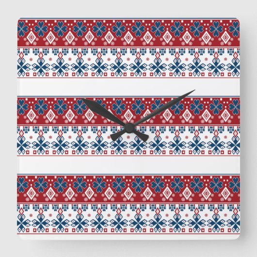 赤い青いオーナメント スクエア壁時計 (正面)