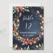 赤い青いクリスマスフラワーがテーブルの番号 招待状 (正面)