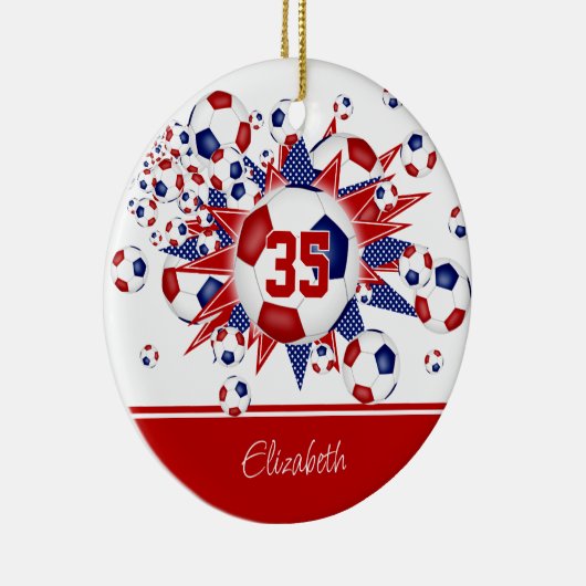 赤い青いサッカーボールの星が記念に セラミックオーナメント (右)
