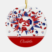 赤い青いサッカーボールの星が記念に セラミックオーナメント (正面)