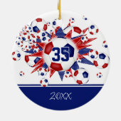 赤い青いサッカーボールの星が記念に セラミックオーナメント (裏面)