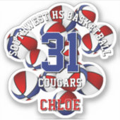 赤い青いチームカラーバスケットのクラスタキッズ名 シール (正面)