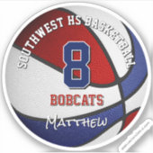 赤い青いバスケットチームの色の子供の名前 シール (正面)