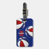 赤い青いバスケットボールのアスリート モノグラムの ラゲッジタグ (正面縦)
