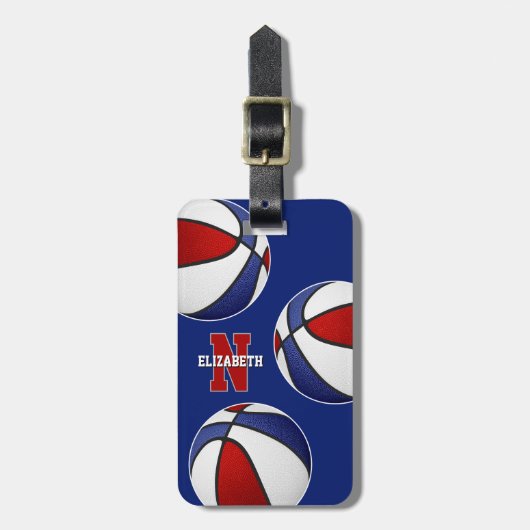 赤い青いバスケットボールのアスリート モノグラムの ラゲッジタグ (正面縦)